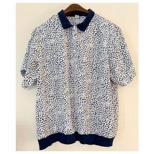 Vintage Printed Blue White Short Sleeve Shirt 1X Plus Size
